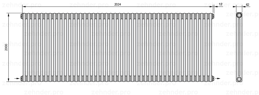 Схема (чертеж) Радиатор Zehnder Charleston 2200/44 №2670 Белый глянцевый RAL 9016